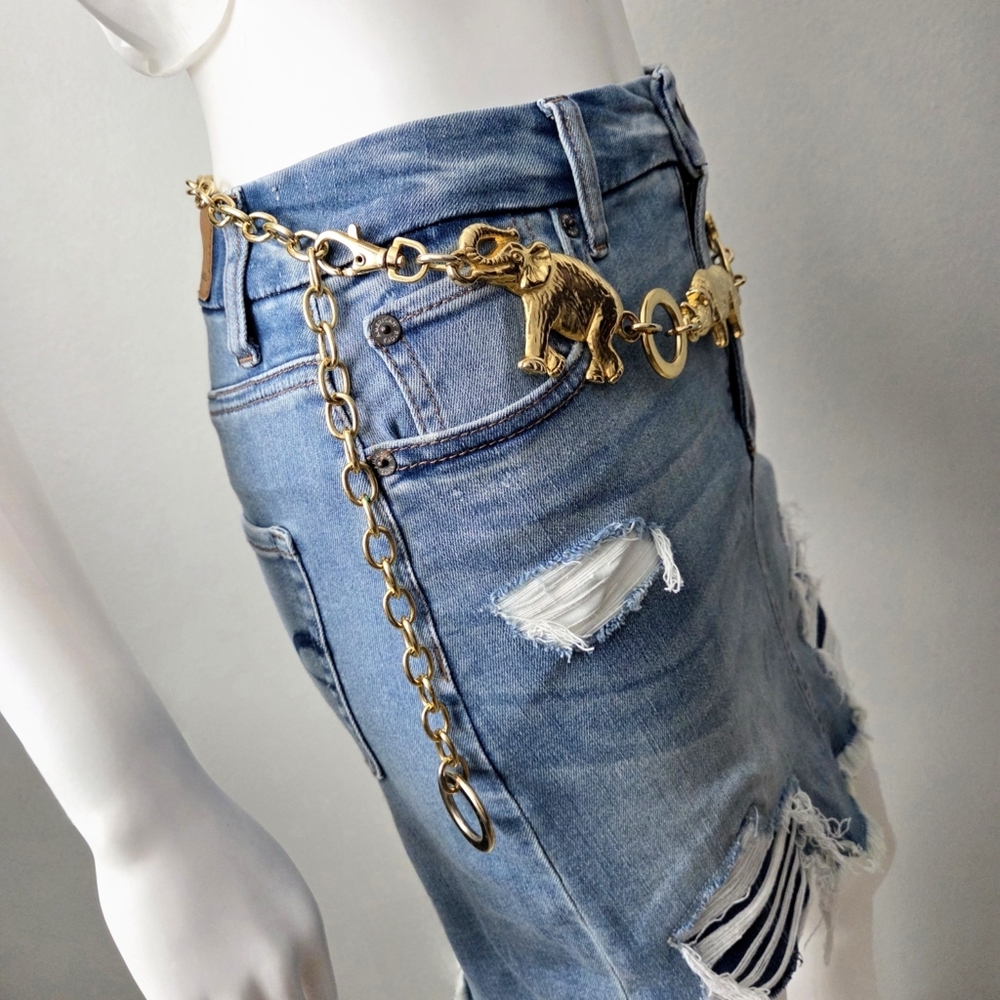 Vintage 80s Gold Tone Metal Animals / Elephant Zebra Rhino Cheetah / Chain Belt - Picture 2 of 10